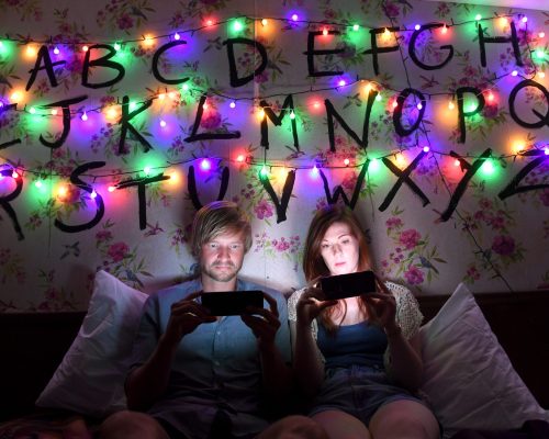 EDITORIAL USE ONLYJohn Barker and Stephanie Davies try out the Stranger Things pod at ÔBed n BingeÕ retreat, the worldÕs first ever binge-watching hotel, which is a new collection of themed accommodation pods launched by Three, in association with Samsung and designed as one-night luxury getaways for people to binge on television series at Osterley Park, West London. PRESS ASSOCIATION Photo. Issue date: Wednesday July 5, 2017. Guests of the retreat, which opens today, stay overnight in one of 15 private suites, each of which sleeps two and boasts an interior that is inspired by some of the most binge-able Netflix shows, including Stranger Things, Orange Is The New Black, House Of Cards and GLOW. Photo credit should read: Doug Peters/PA Wire