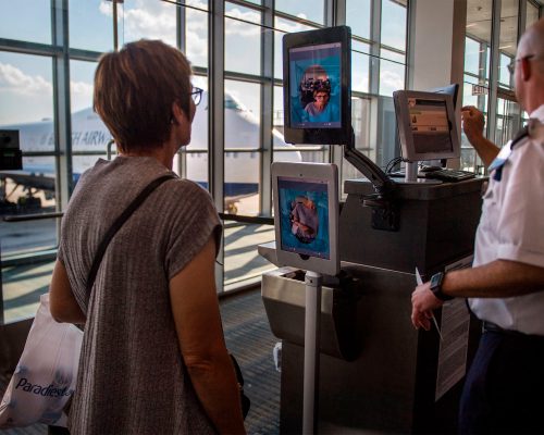 A woman boarding a SAS flight to Copenhagen goes through facial recognition verification system VeriScan at Dulles International Airport in Dulles, Virginia, on September 6, 2018. (Photo by Jim WATSON / AFP)        (Photo credit should read JIM WATSON/AFP/Getty Images)