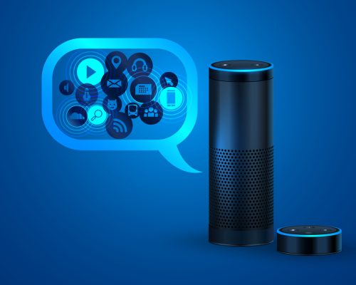 Smart speaker with voice control. Amazon Echo Dot Alexa Voice Service activated recognition system on blue backdrop. Smart home voice control.